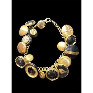 Vintage Button Charm Bracelet: Black and Gold Buttons With Gold Chain - 8 Inch
